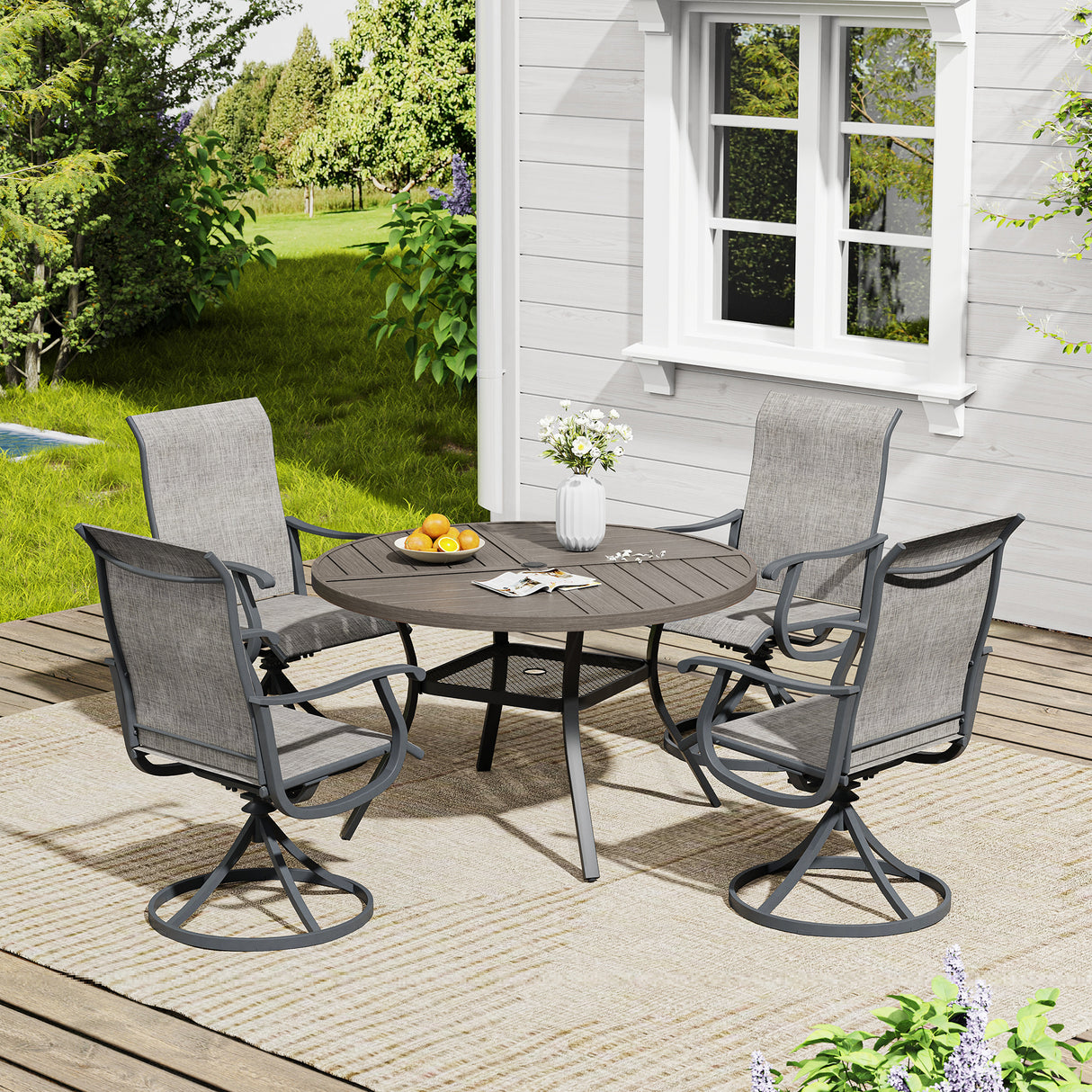 Vicllax 5 Pieces Outdoor Dining Set, 47.2" Metal Round Dining Table and Premium Swivel Chairs