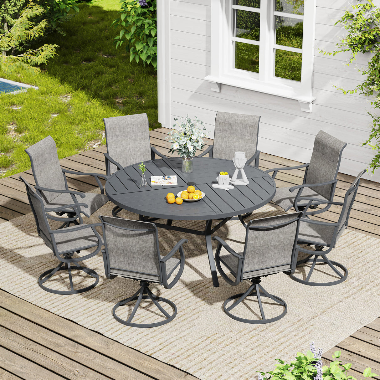 Vicllax 9 Pieces Outdoor Dining Set, 59.8" Metal Round Dining Table and Premium Swivel Chairs