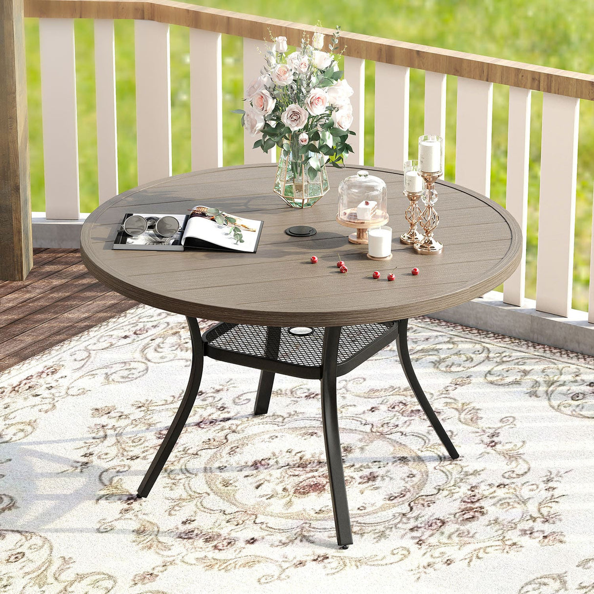 Vicllax Outdoor Round Metal Dining Table with Umbrella Hole for 4, 6