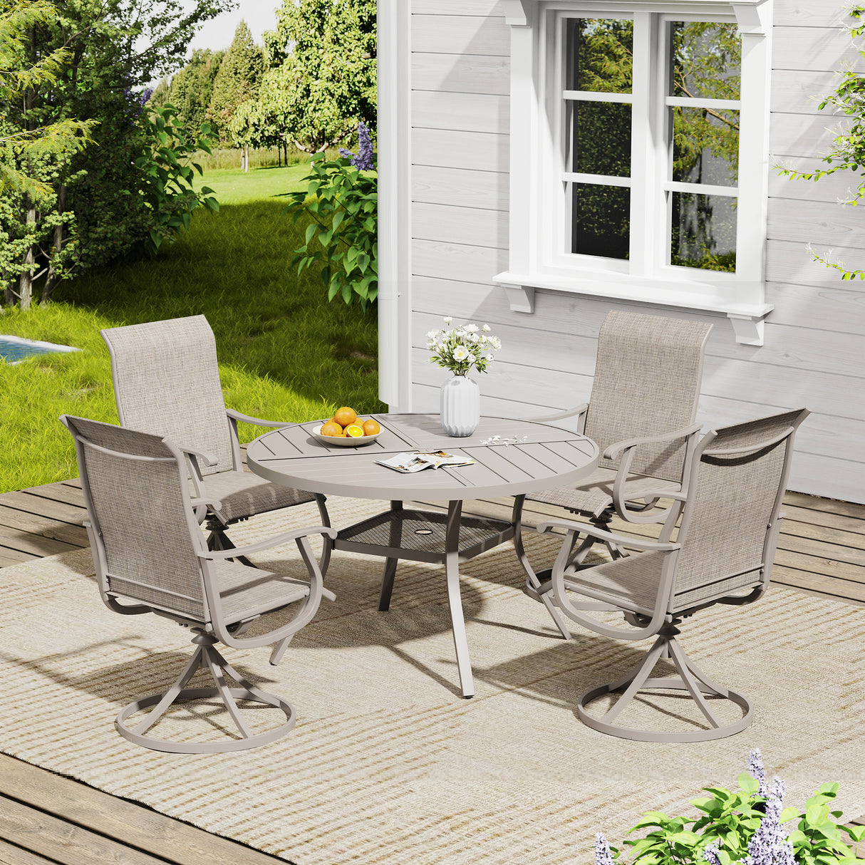 Vicllax 5 Pieces Outdoor Dining Set, 47.2" Metal Round Dining Table and Premium Swivel Chairs