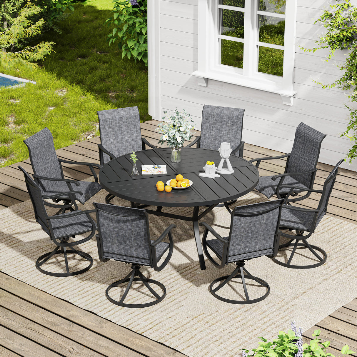 Vicllax 9 Pieces Outdoor Dining Set, 59.8" Metal Round Dining Table and Premium Swivel Chairs