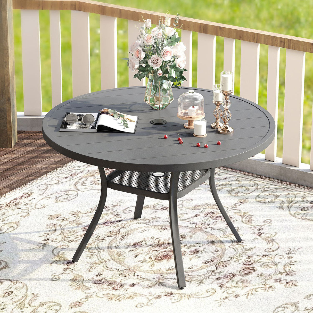 Vicllax Outdoor Round Metal Dining Table with Umbrella Hole for 4, 6