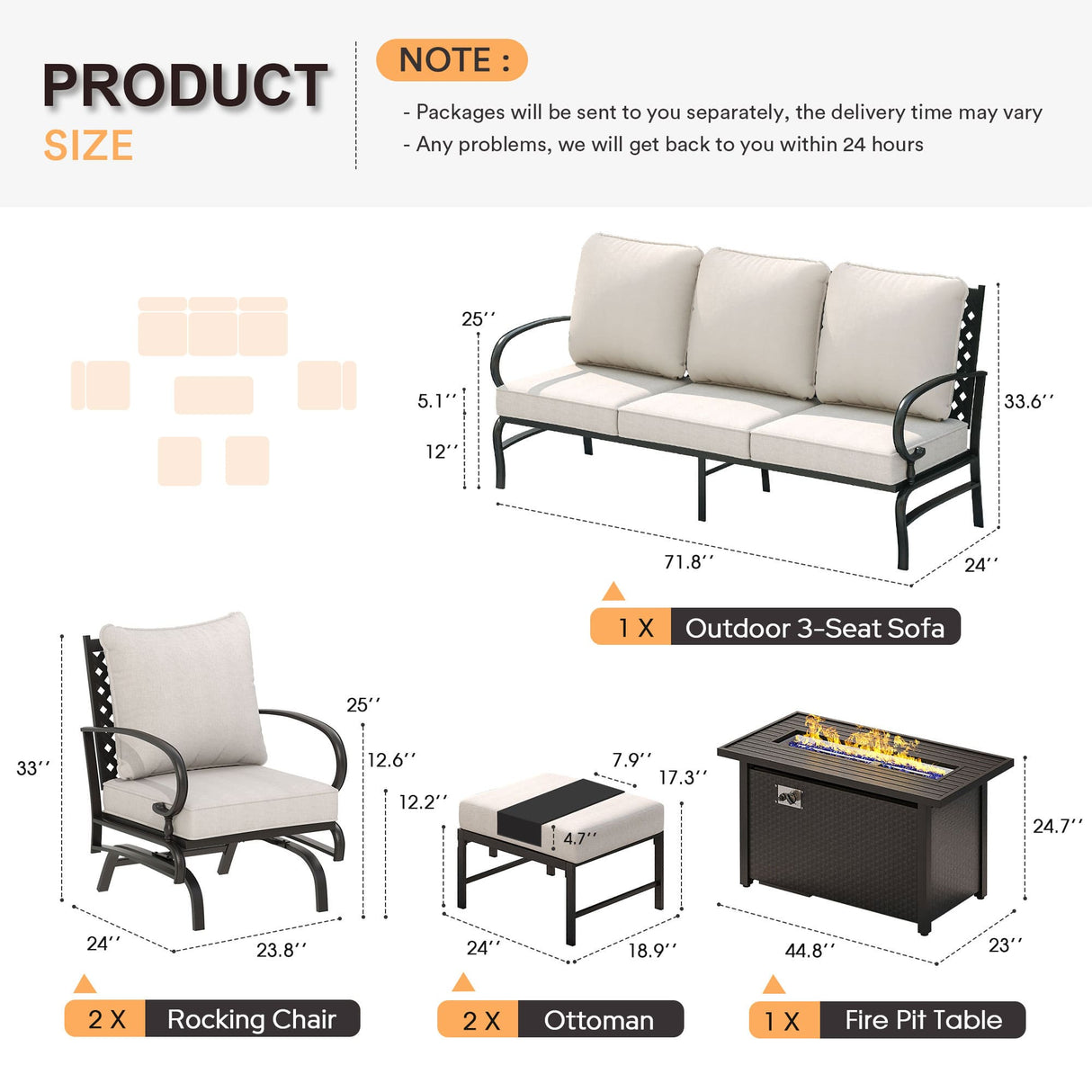 Vicllax 6-Piece Outdoor Patio Conversation Sofa Set With Metal Rectangular Fire Pit and Ottomans