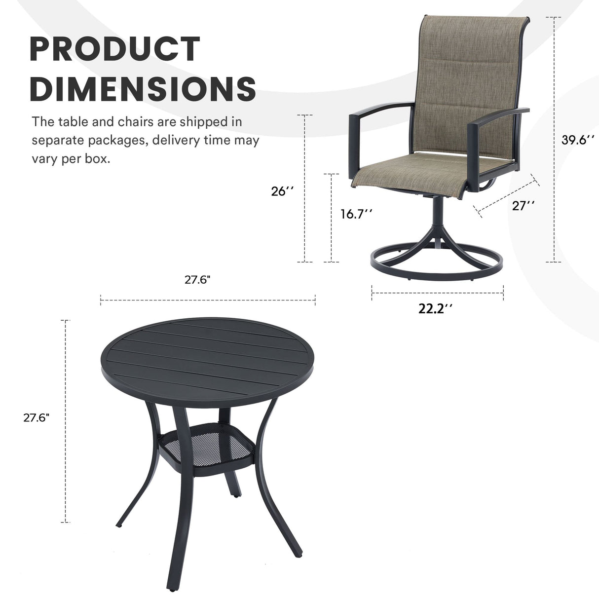 Vicllax 3-Piece Patio Bistro Set, Outdoor Swivel Chairs and Metal Round Table