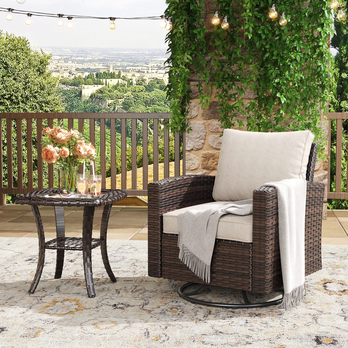 Vicllax Patio Wide Wicker Cushioned Sofa, Outdoor Wicker Chair, Double Lounge Balcony Seat