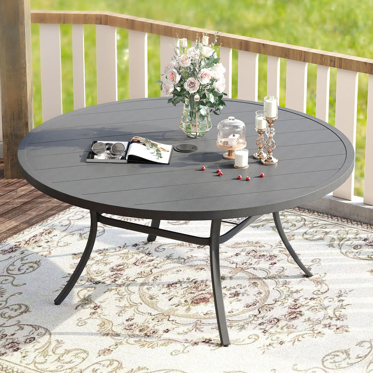 Vicllax 50” / 60" Outdoor Round Metal Dining Table with Umbrella Hole for 6,8
