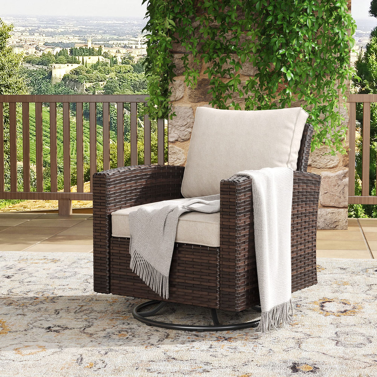 Vicllax Patio Wide Wicker Cushioned Sofa, Outdoor Wicker Chair, Double Lounge Balcony Seat