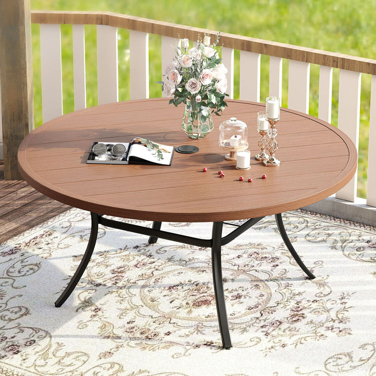 Vicllax 50” / 60" Outdoor Round Metal Dining Table with Umbrella Hole for 6,8