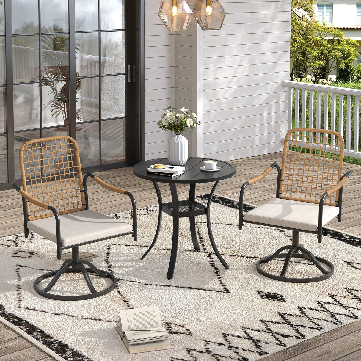 Vicllax 3 Pieces Outdoor Dining Set, 27.6" Round Bar Table and Solana Swivel Chair