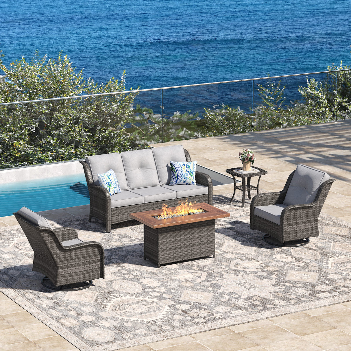 Vicllax Patio Wicker Oasis Lounge Set, 3-Seater, Swivel Chair with Fire table