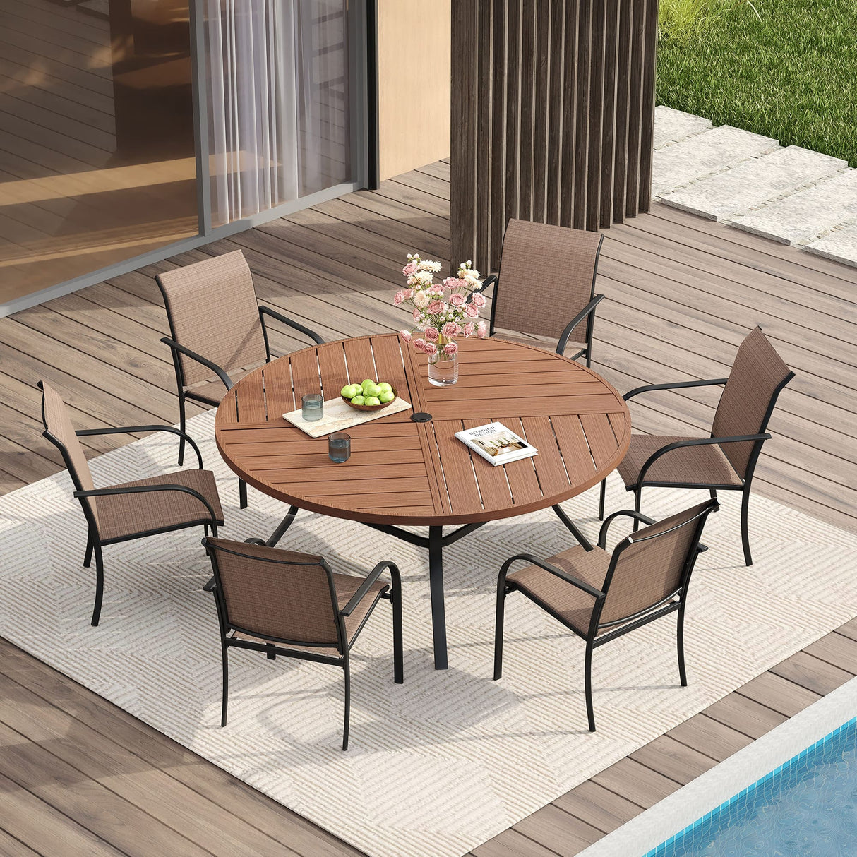 VICLLAX 7/9/11 PCS Patio Dining Table Set, Round Metal Table and Stackable Sling Chair