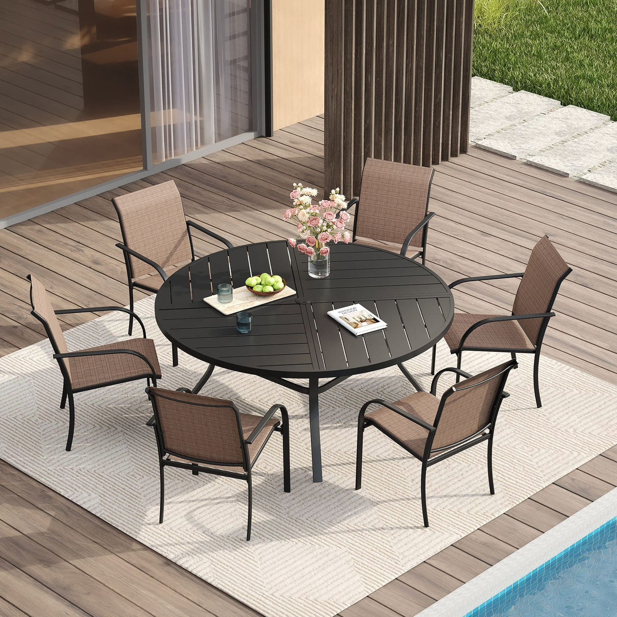 VICLLAX 7/9/11 PCS Patio Dining Table Set, Round Metal Table and Stackable Sling Chair