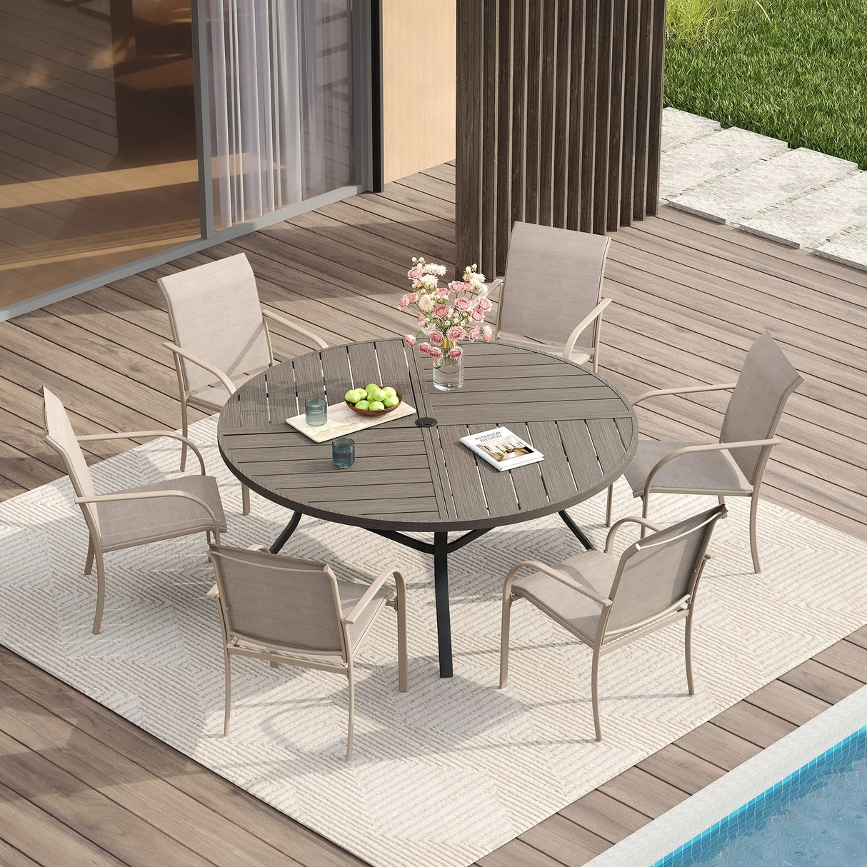 VICLLAX 7/9/11 PCS Patio Dining Table Set, Round Metal Table and Stackable Sling Chair