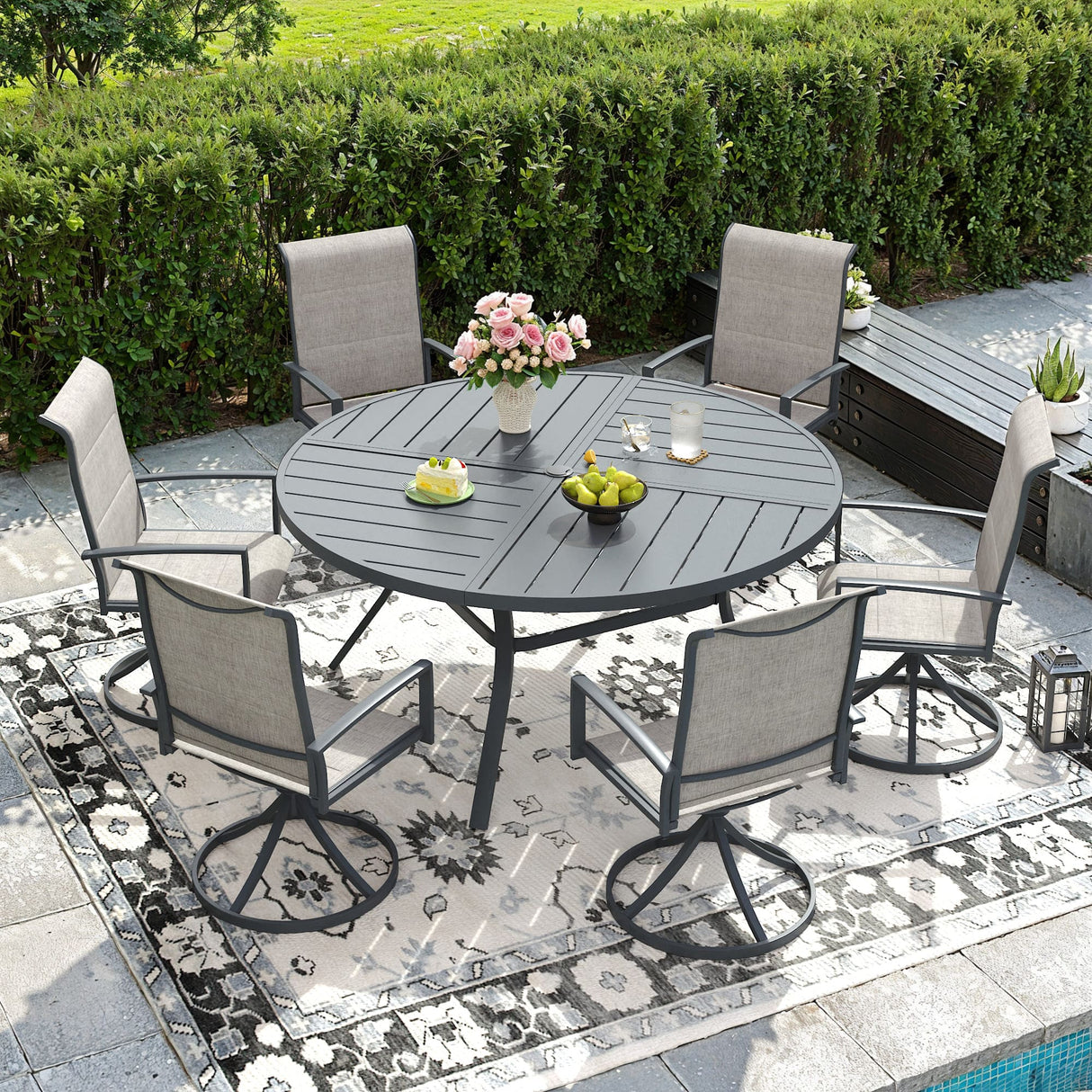 Vicllax 7/9 Pieces Outdoor Dining Set, Metal Round Dining Table and Premium Paddad Swivel Chairs