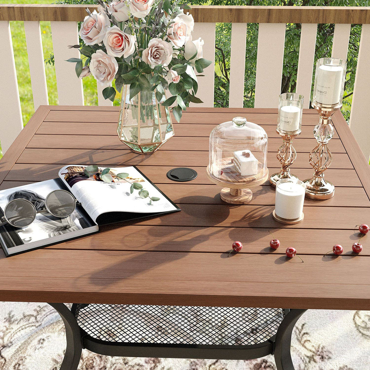 VICLLAX 5 Pieces Outdoor Dining Set, Swivel Dining Chairs and 37.8" Square Patio Table with Storage Shelf