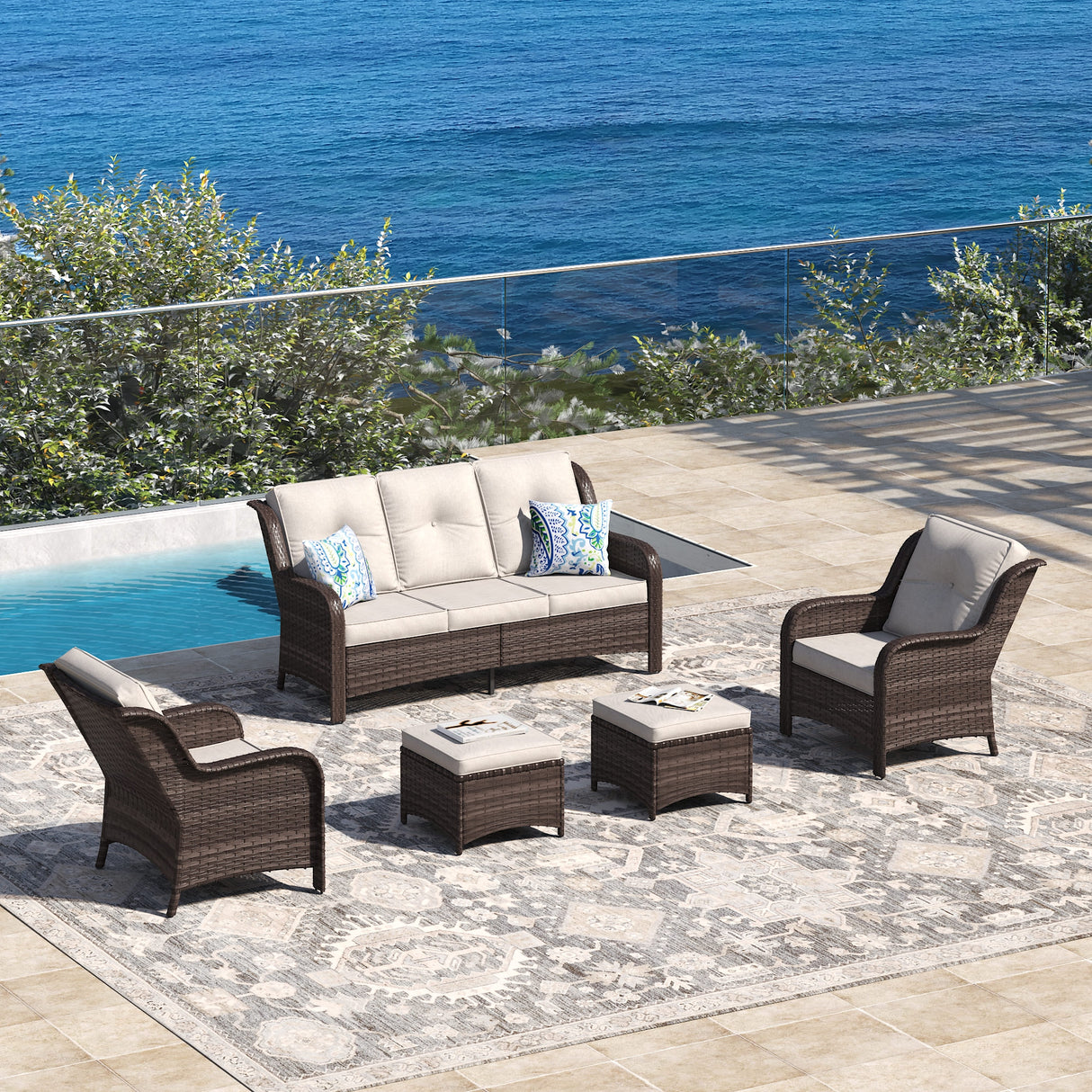 Vicllax 4 Pieces Patio Wicker Oasis Lounge Set, 3-Seater with Ottoman
