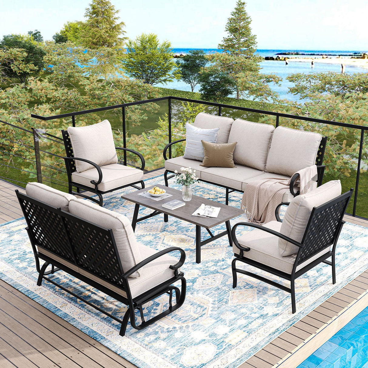 Vicllax 5-Piece Outdoor Patio Conversation Set with Cushioned Sofa Chairs and Ottomans