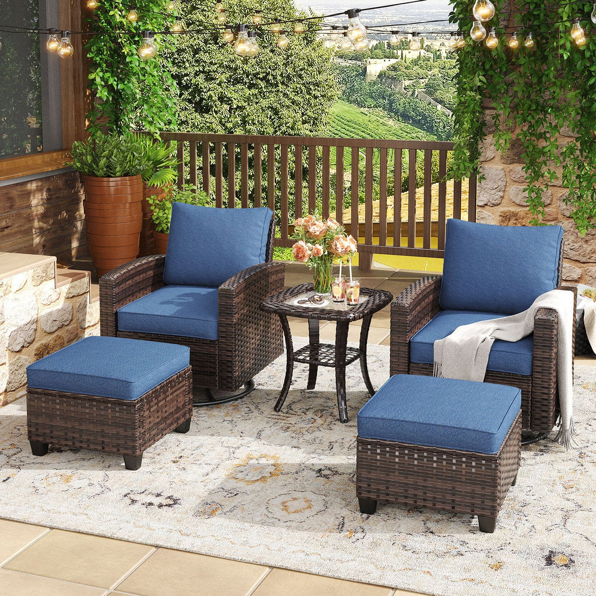 Vicllax 3/5 Pcs Garden Sofa Set, Wicker Outdoor Conversation Set with Sofa Chairs and Ottomans
