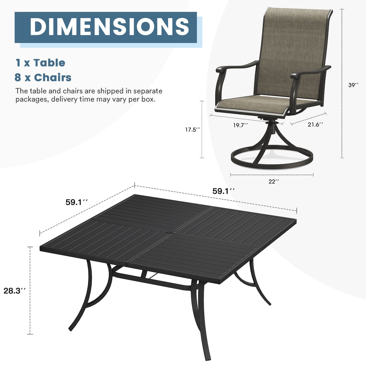 Vicllax 9 Pieces Outdoor Dining Set with 59" Square Dining Table and Swivel Chairs