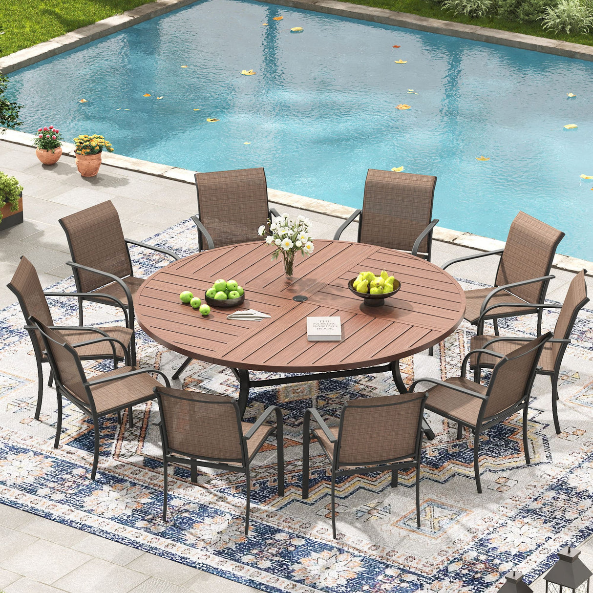 Vicllax Mesa redonda para patio de 42" con estante de almacenamiento y orificio para sombrilla ajustable