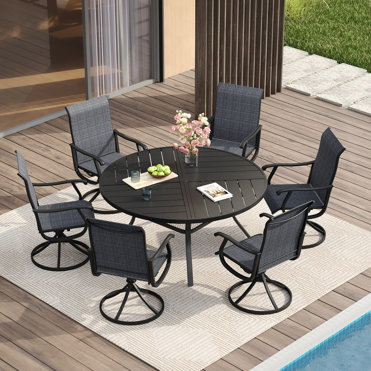 Vicllax 7 Pieces Outdoor Dining Set, 53.1" Metal Round Dining Table and Premium Swivel Chairs