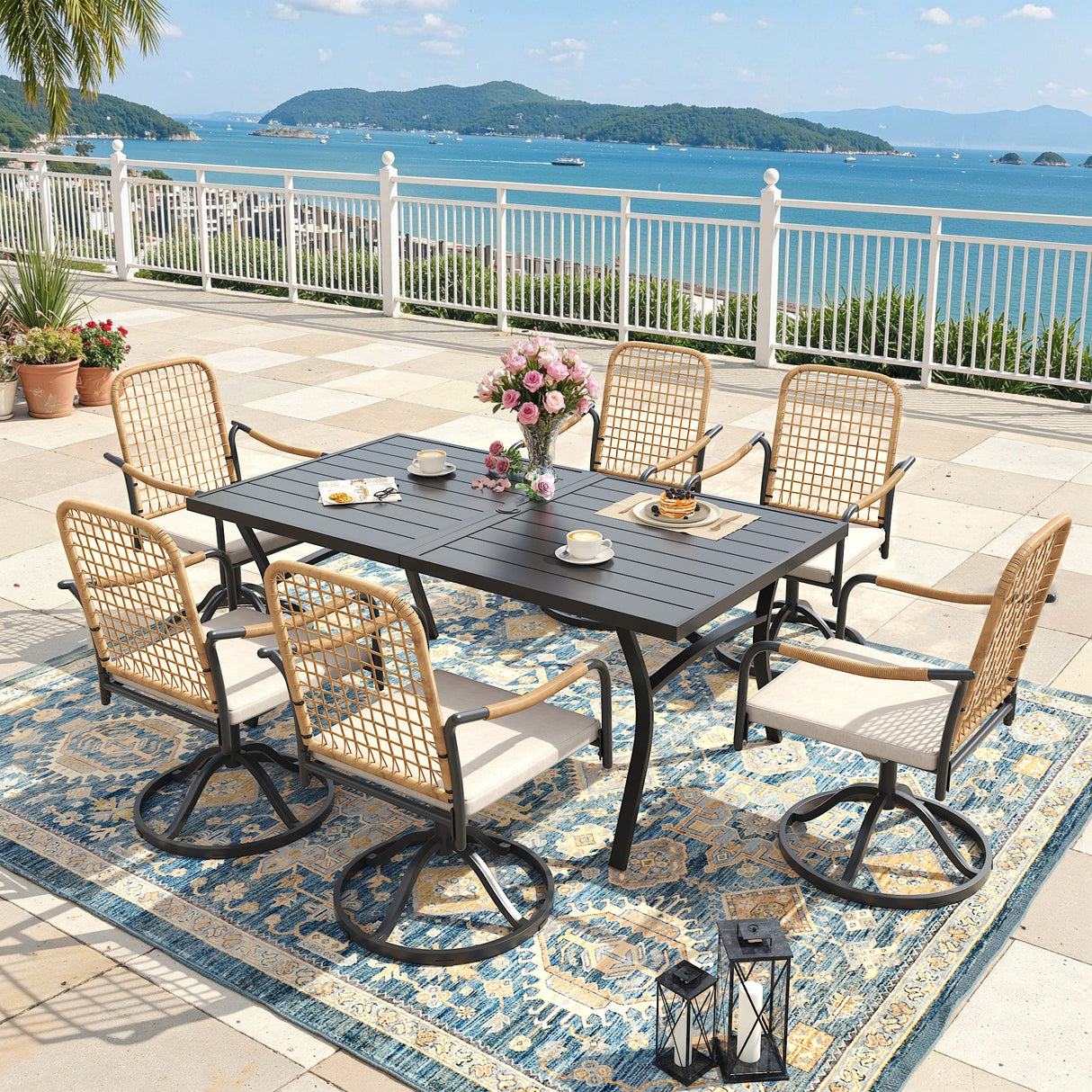 Vicllax 7 Pieces Outdoor Dining Set, Metal 63" Rectangular Table and Solana Swivel Chair