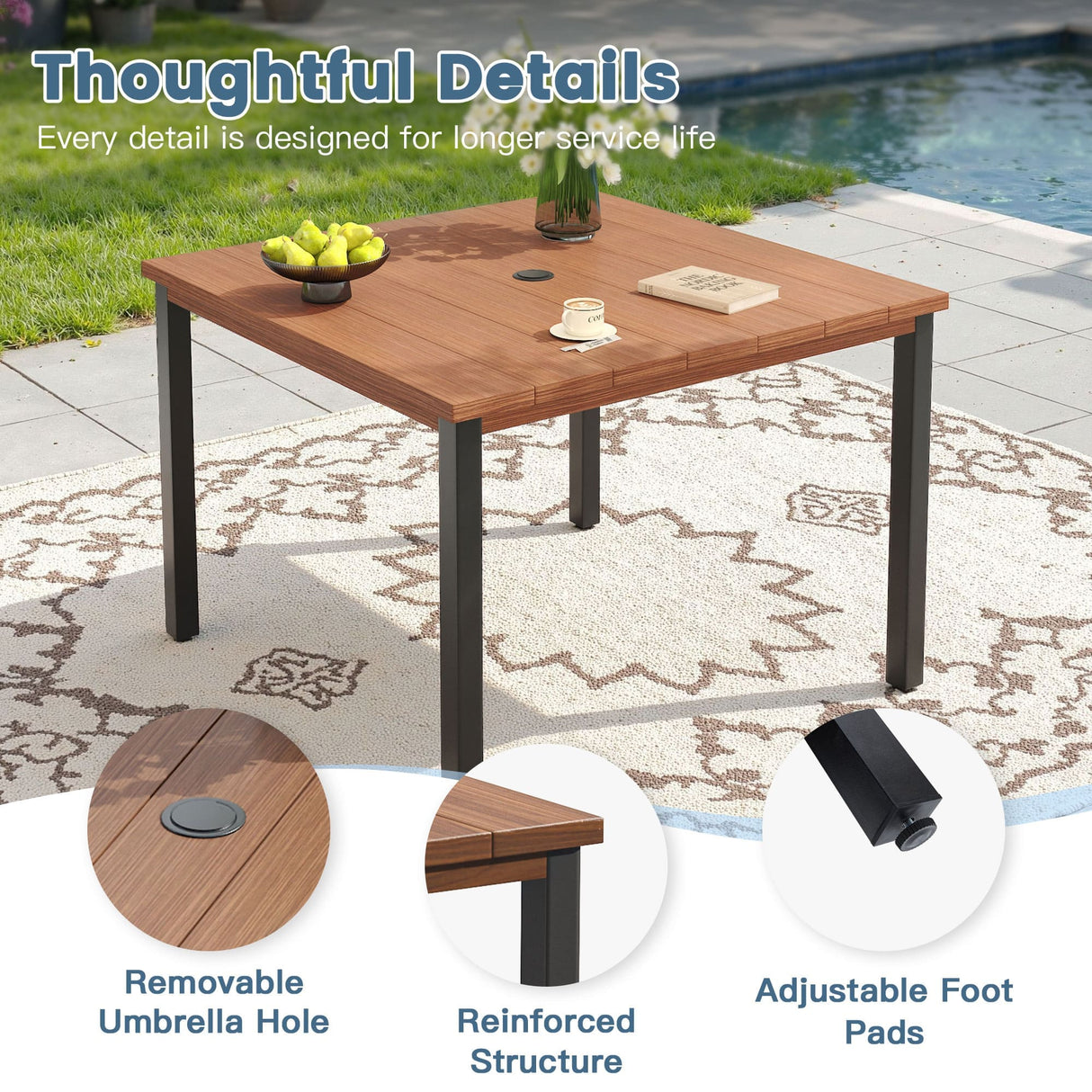 Vicllax 5pcs Outdoor Dining Set, Square Metal Table and 4 Textilene Swivel Chairs