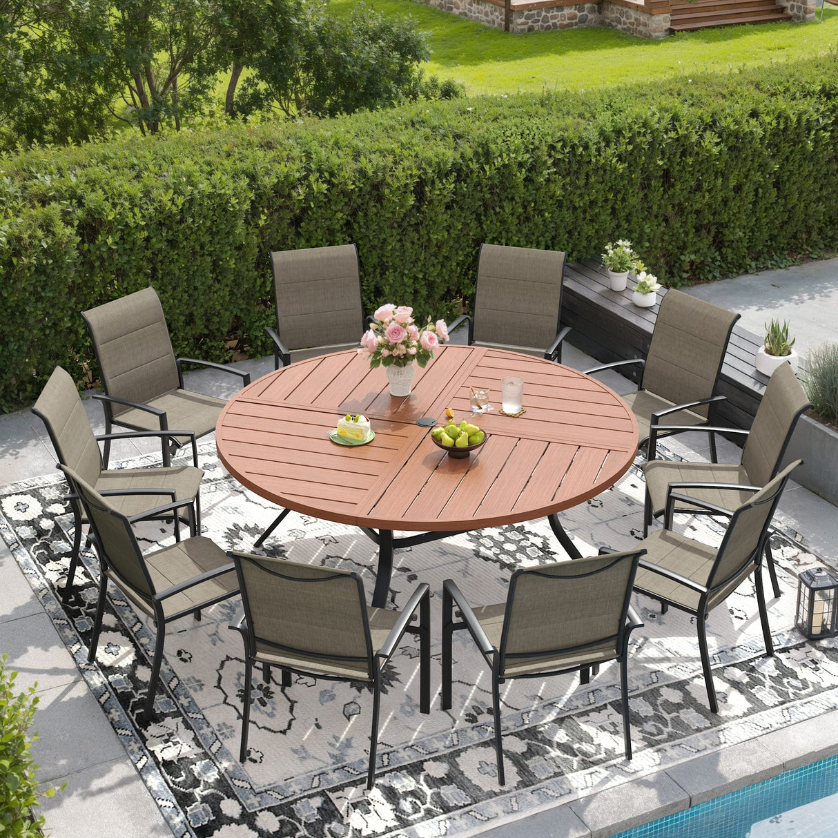 Vicllax Outdoor Dining Set of 8/10, Round Metal Table and Stackable Padded Chair Set of 8, 10