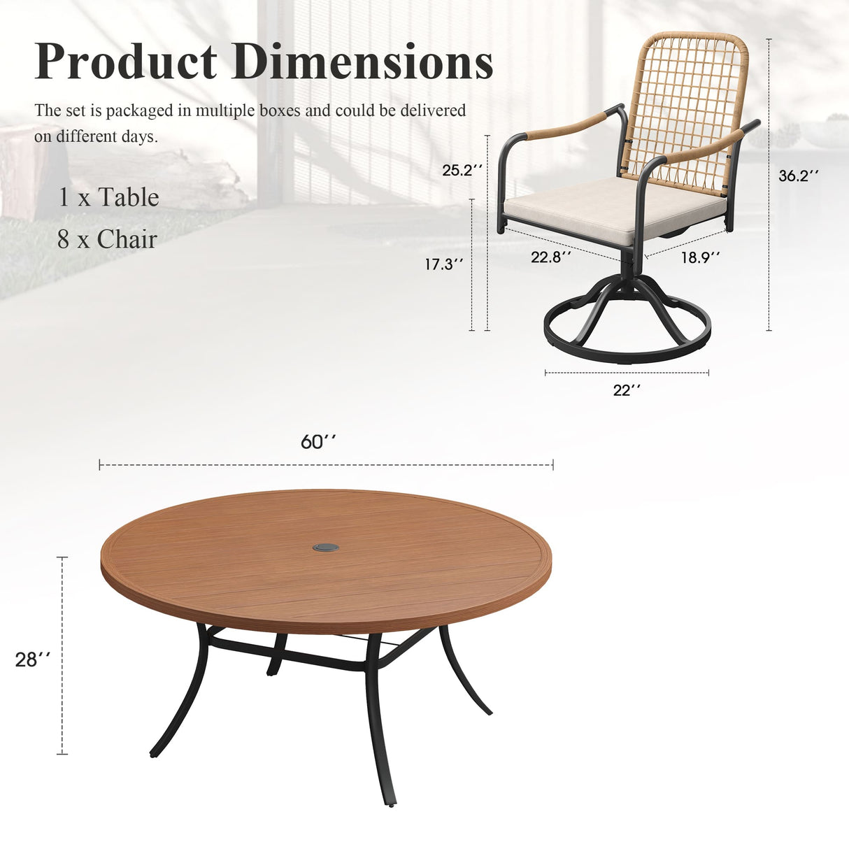 Vicllax 9-Piece Outdoor Dining Set, 60” Round Metal Table with Umbrella Hole & 8 Swivel Rope-woven Chair