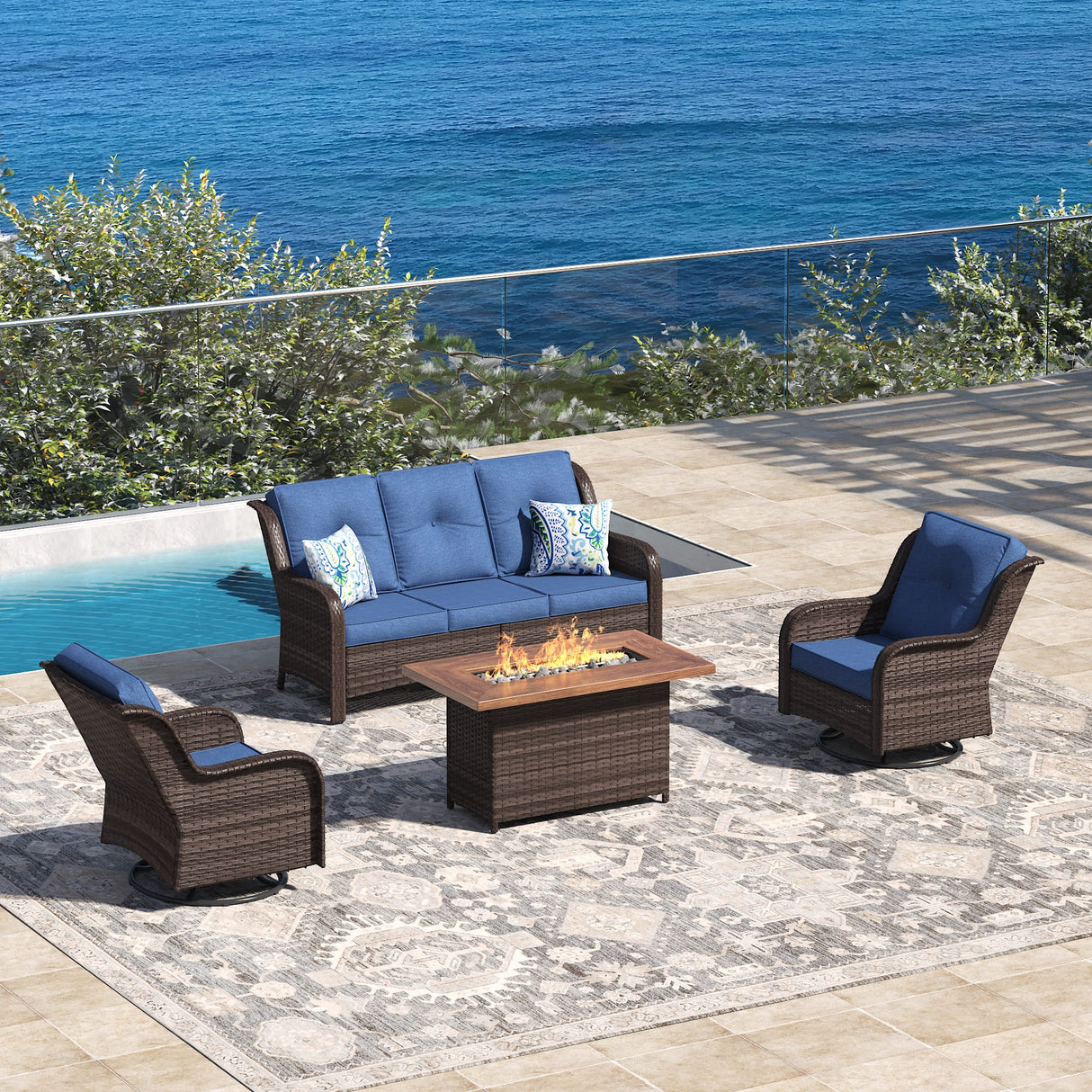 Vicllax Patio Wicker Oasis Lounge Set, 3-Seater, Swivel Chair with Fire table