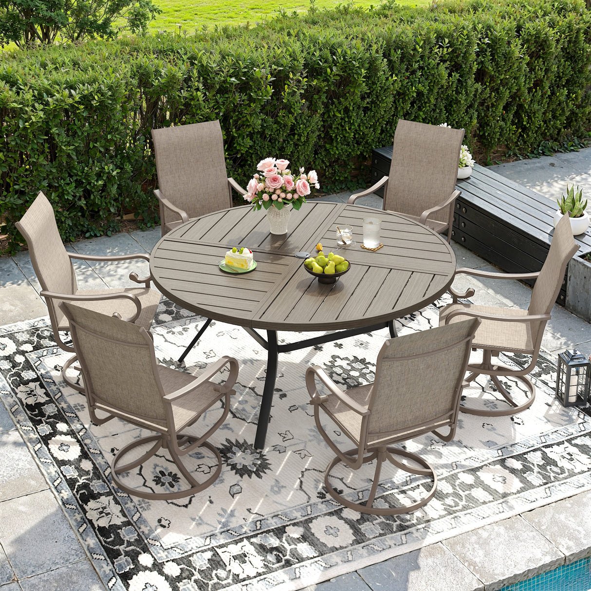 Vicllax 50" Patio Round Dining Table Set of 6, Metal Dining Table and Swivel Dining Chairs