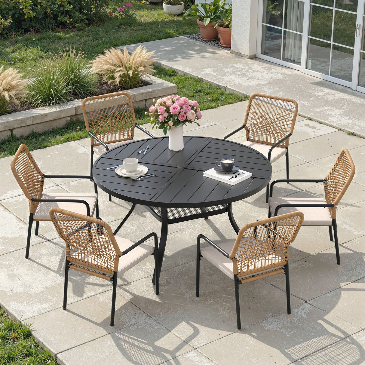 Vicllax 7 PCS Patio Dining Table Set,47" Round Metal Table with Shelf and Alora Stackable Chair