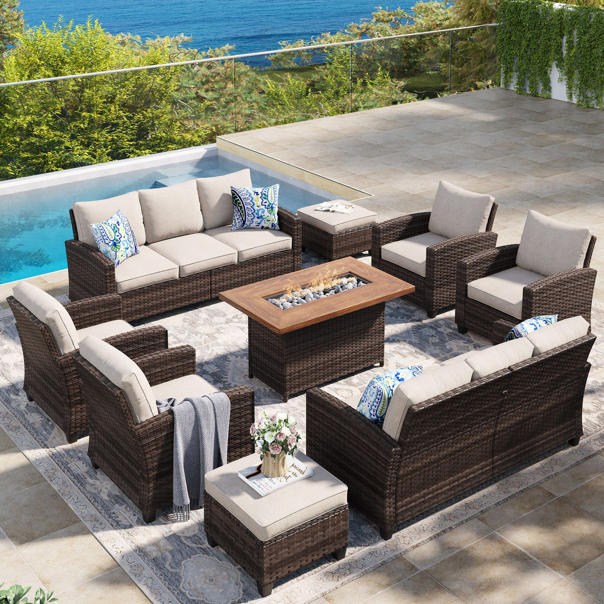 Vicllax Versatile Wicker Patio Set: 9 Pieces with Fire Table & Ottoman