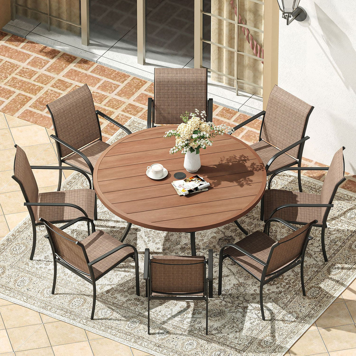 Vicllax 9-Piece Outdoor Dining Set with Patio Round Metal Table and Stackable Sling Chairs
