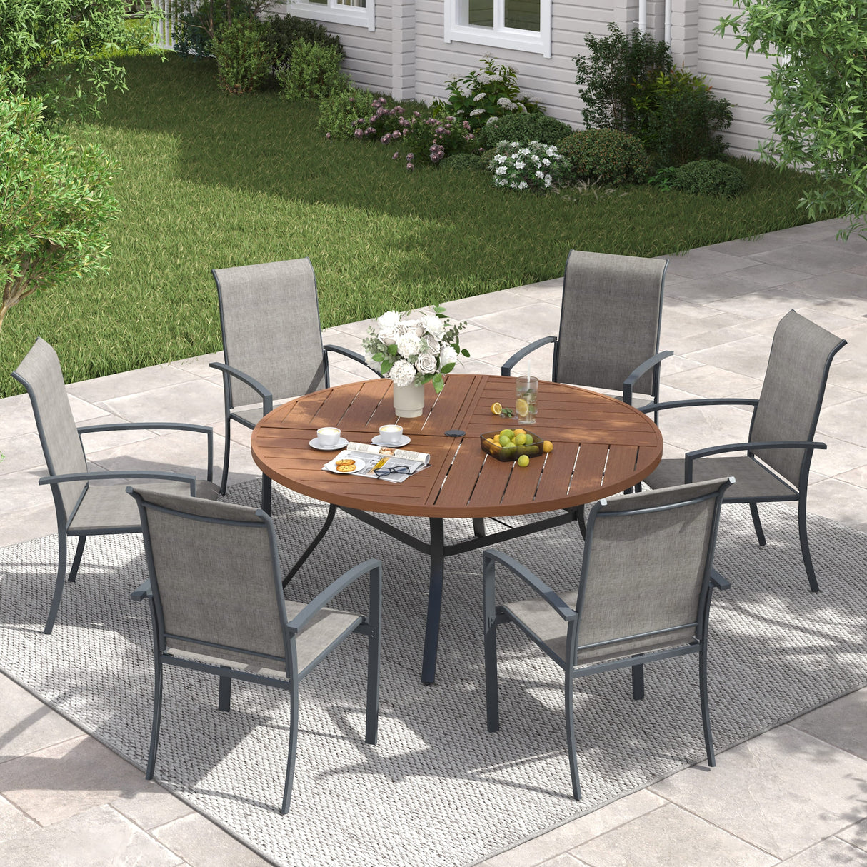 Vicllax 7 PCS Patio Dining Table Set, 50" Round Metal Table with Shelf and Skyline Stackable Chair