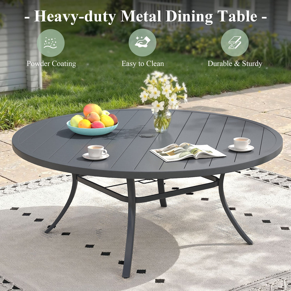 VICLLAX 11-Pcs Outdoor Dining Set, 63” Round Metal Table with Umbrella Hole & 10 Stackable Chairs