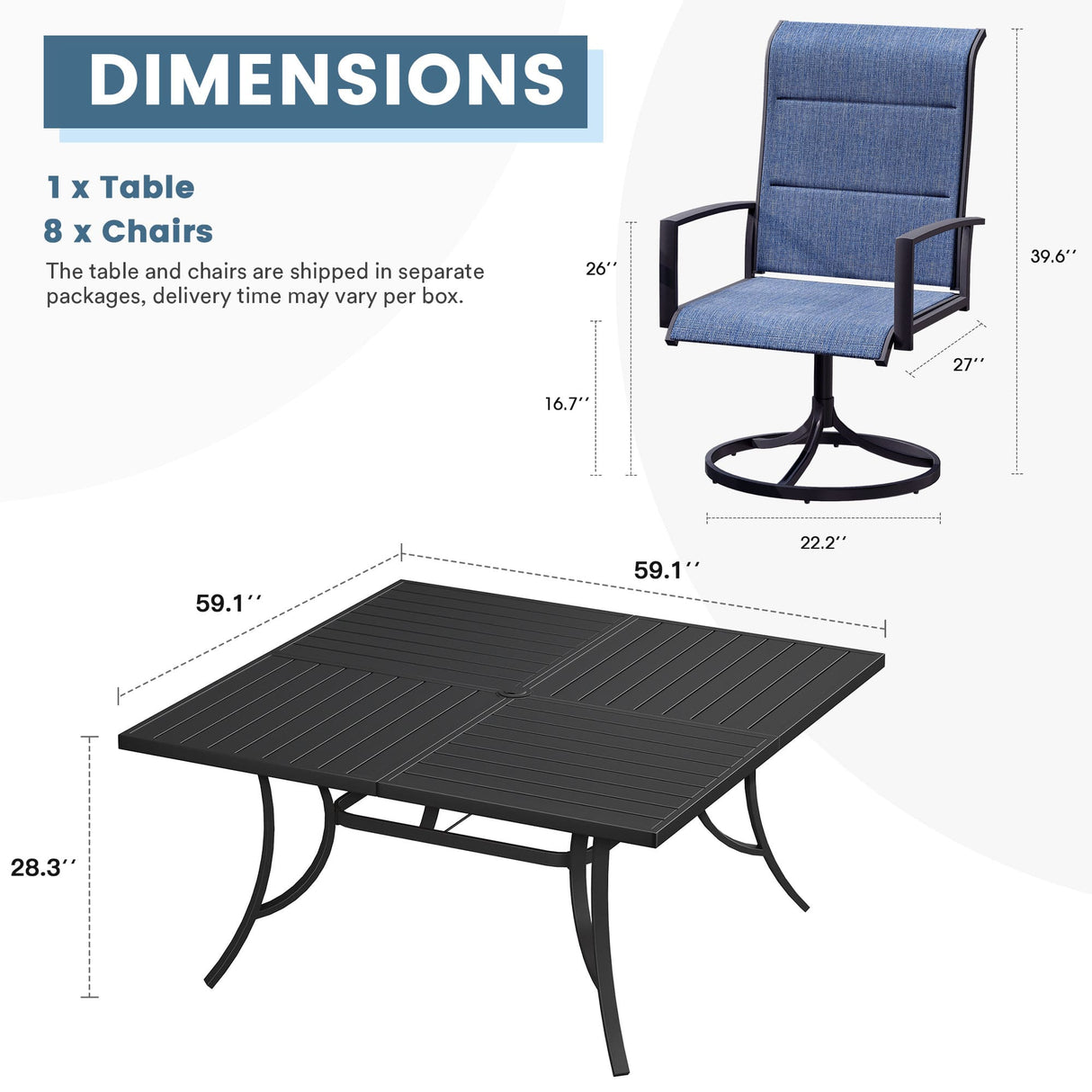 Vicllax 9 Pieces Outdoor Dining Set with 59" Square Dining Table and Swivel Chairs