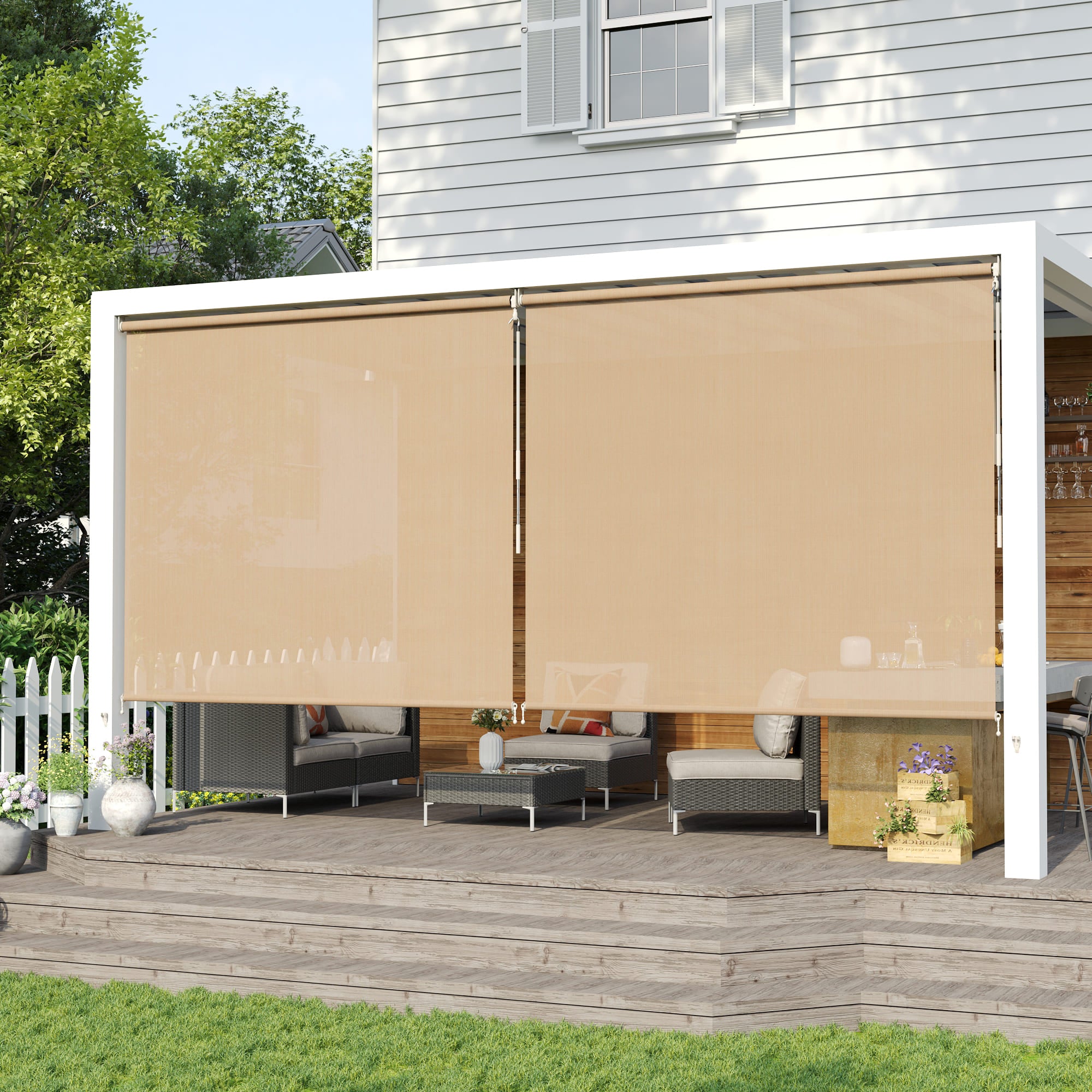 Vicllax Persiana Enrollable Inalámbrica para Exteriores con Bloqueo Solar, Toldo Enrollable con Manivela para Patio