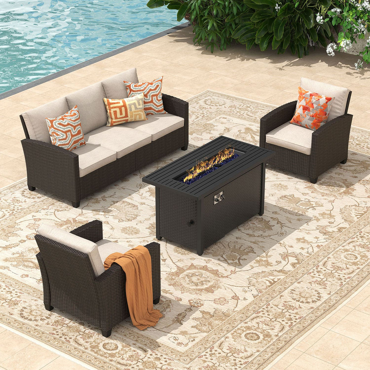 Vicllax Patio Furniture Set, Wicker Outdoor Conversation Set with Cushioned Sofa Chairs Fire Pit Table and Ottomans