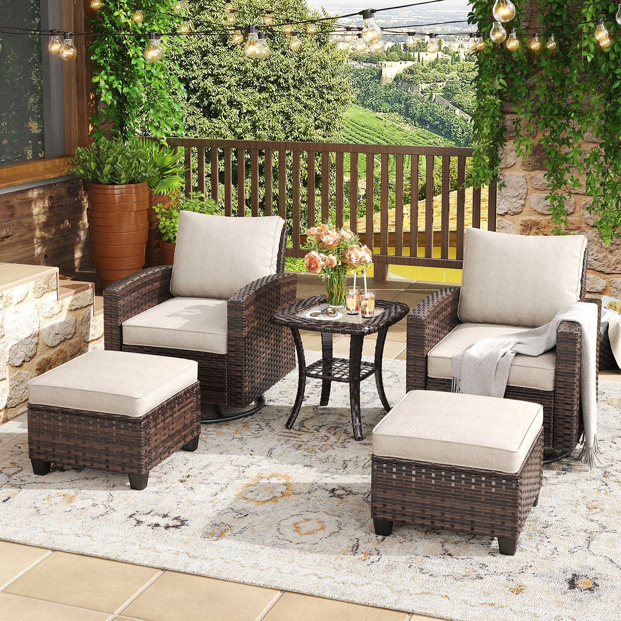 Vicllax 3/5 Pcs Garden Sofa Set, Wicker Outdoor Conversation Set with Sofa Chairs and Ottomans