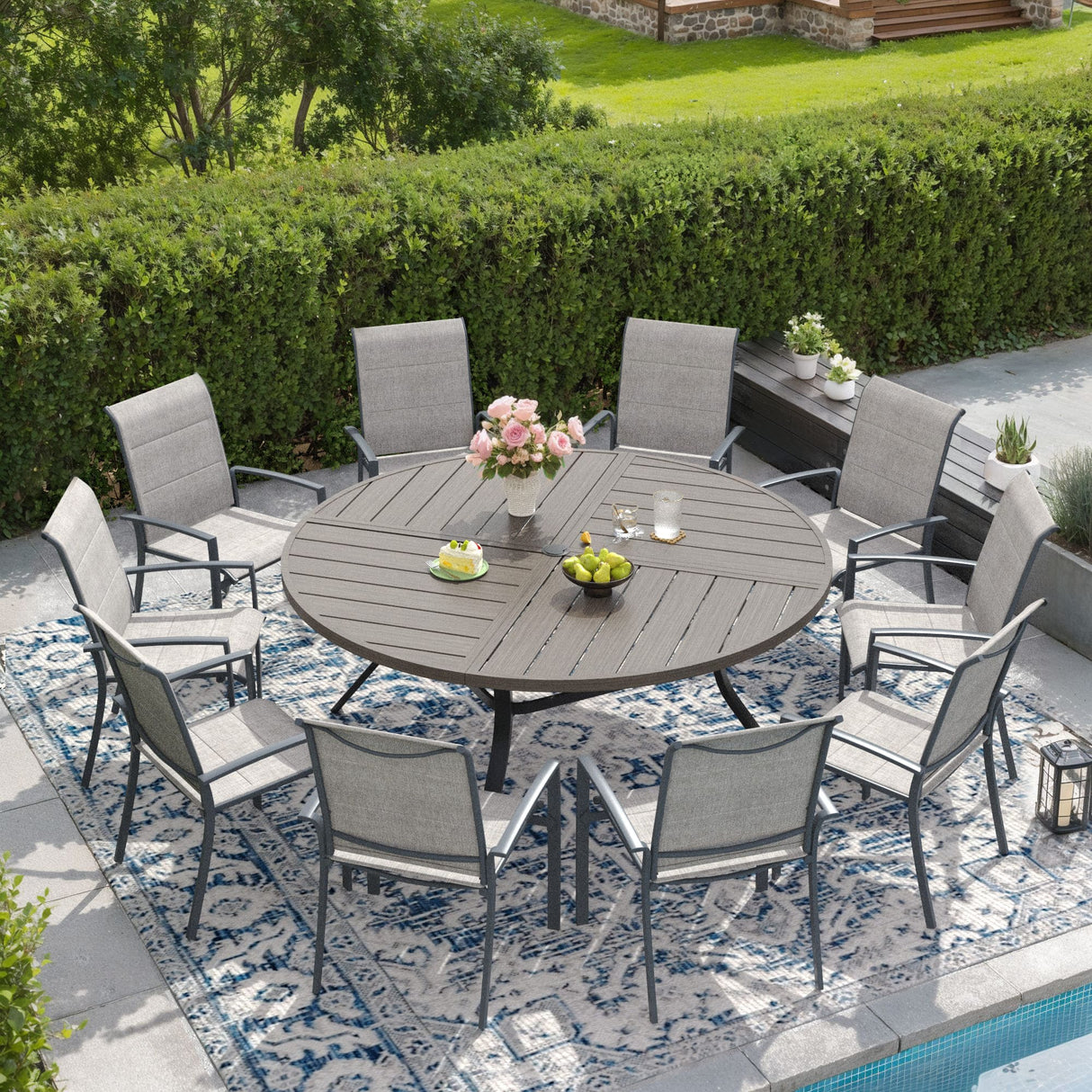 Vicllax Outdoor Dining Set of 8/10, Round Metal Table and Stackable Padded Chair Set of 8, 10