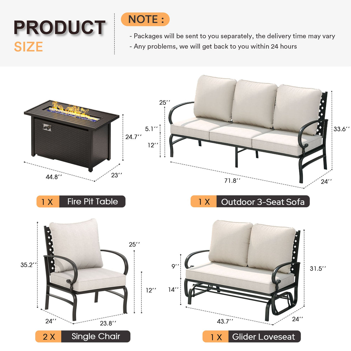 Vicllax 5-Piece Outdoor Patio Conversation Sofa Set With Metal Rectangular Fire Pit Table