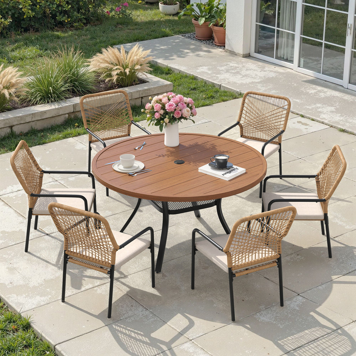 Vicllax 7 Pieces Outdoor Dining Set, 47.2"Round Table and Alora Stackable Chair