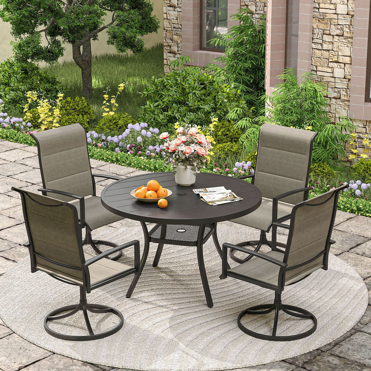 Vicllax 5-Piece Outdoor Dining Set, 42" Round Metal Table and Padded Swivel Chairs