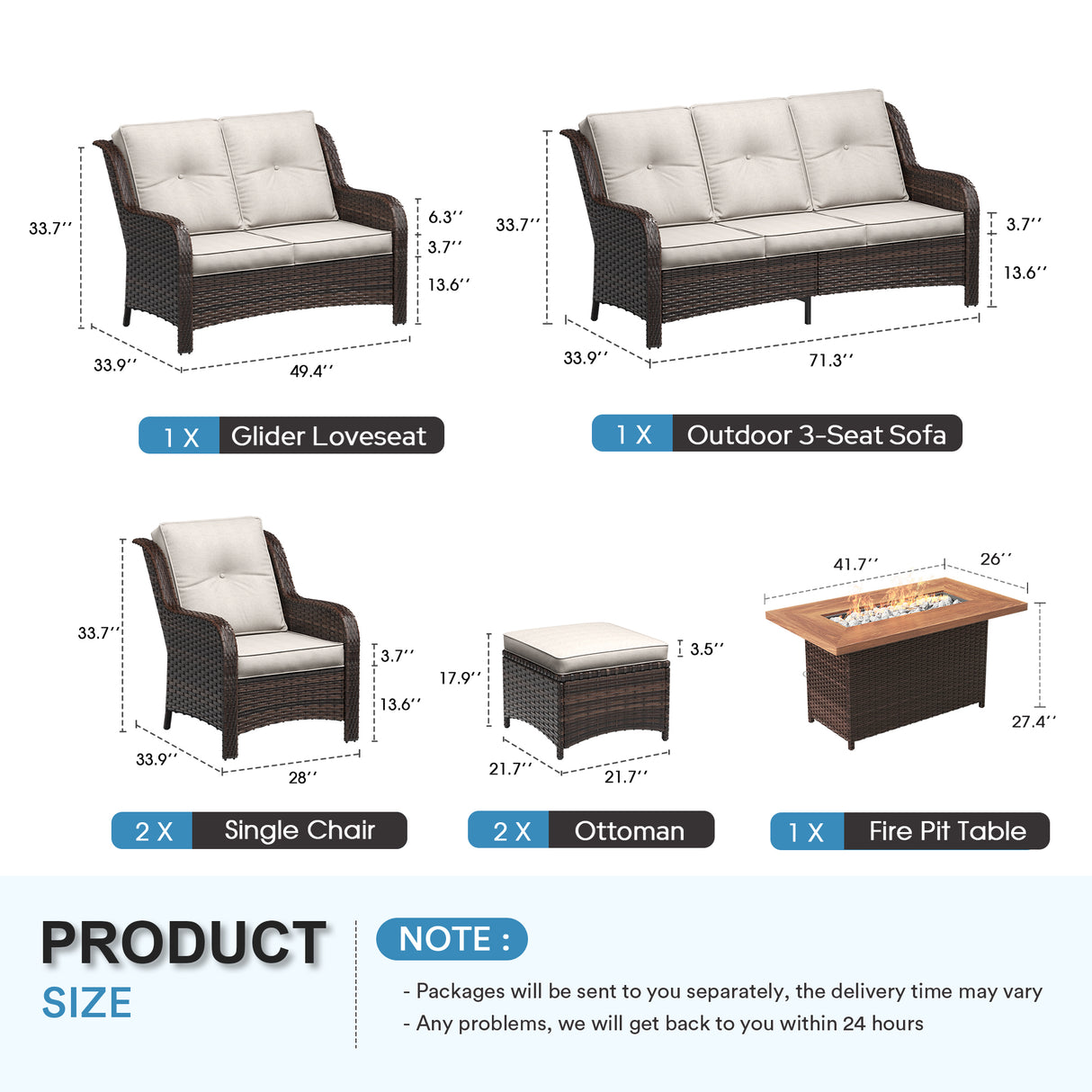 Vicllax Patio Wicker Oasis Lounge Set, 6-Piece Outdoor Sofa Set with Fire Pit Table(Stable Sofa Chair Set)