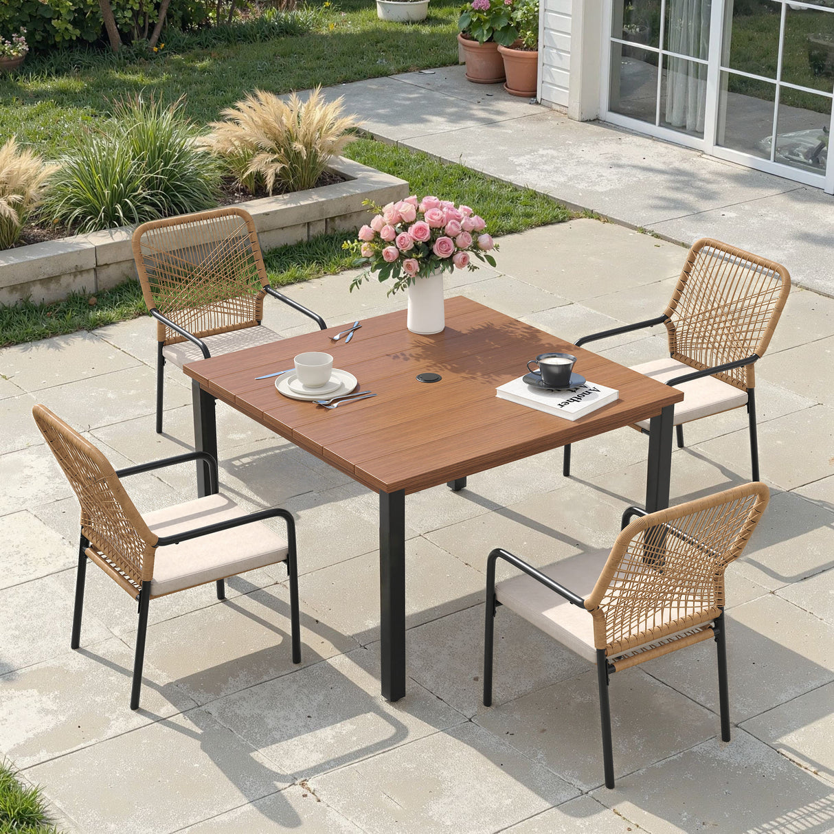 Vicllax 5 Pieces Outdoor Dining Set, Patio Rectangular Metal Table and Alora Stackable Chair