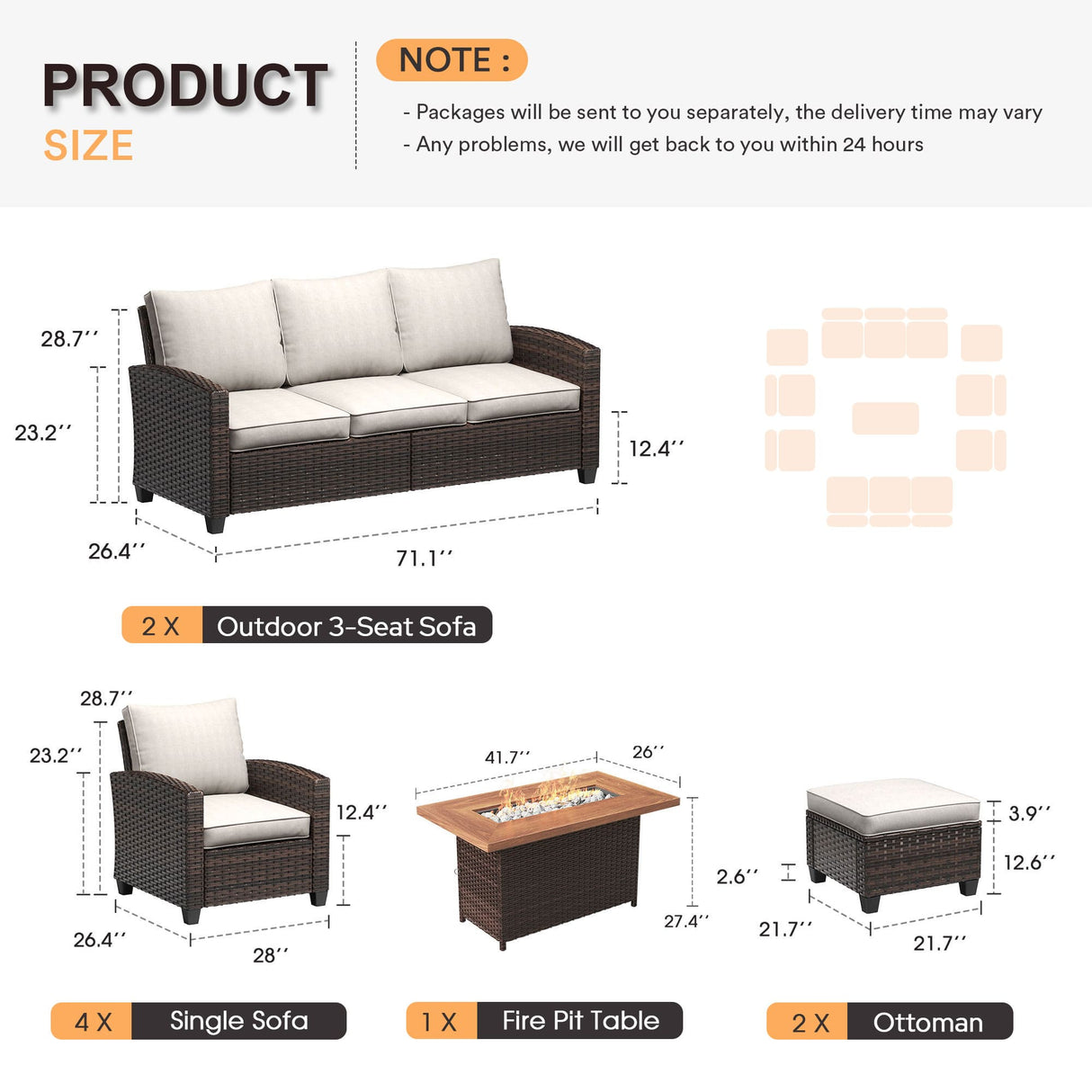 Vicllax Versatile Wicker Patio Set: 9 Pieces with Fire Table & Ottoman