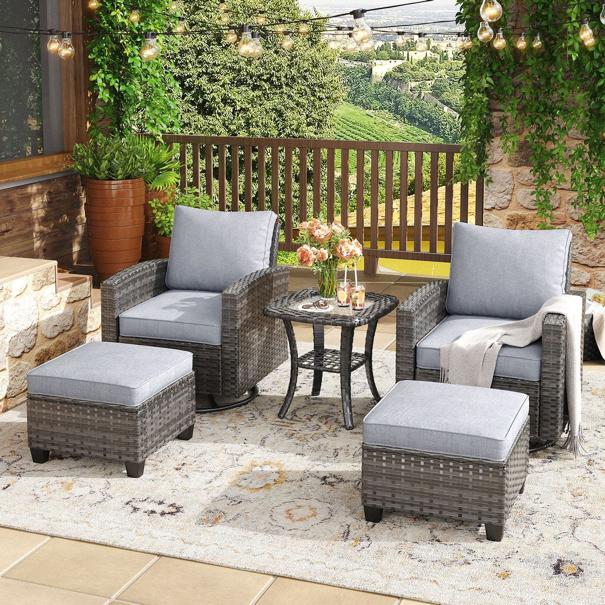 Vicllax 3/5 Pcs Garden Sofa Set, Wicker Outdoor Conversation Set with Sofa Chairs and Ottomans