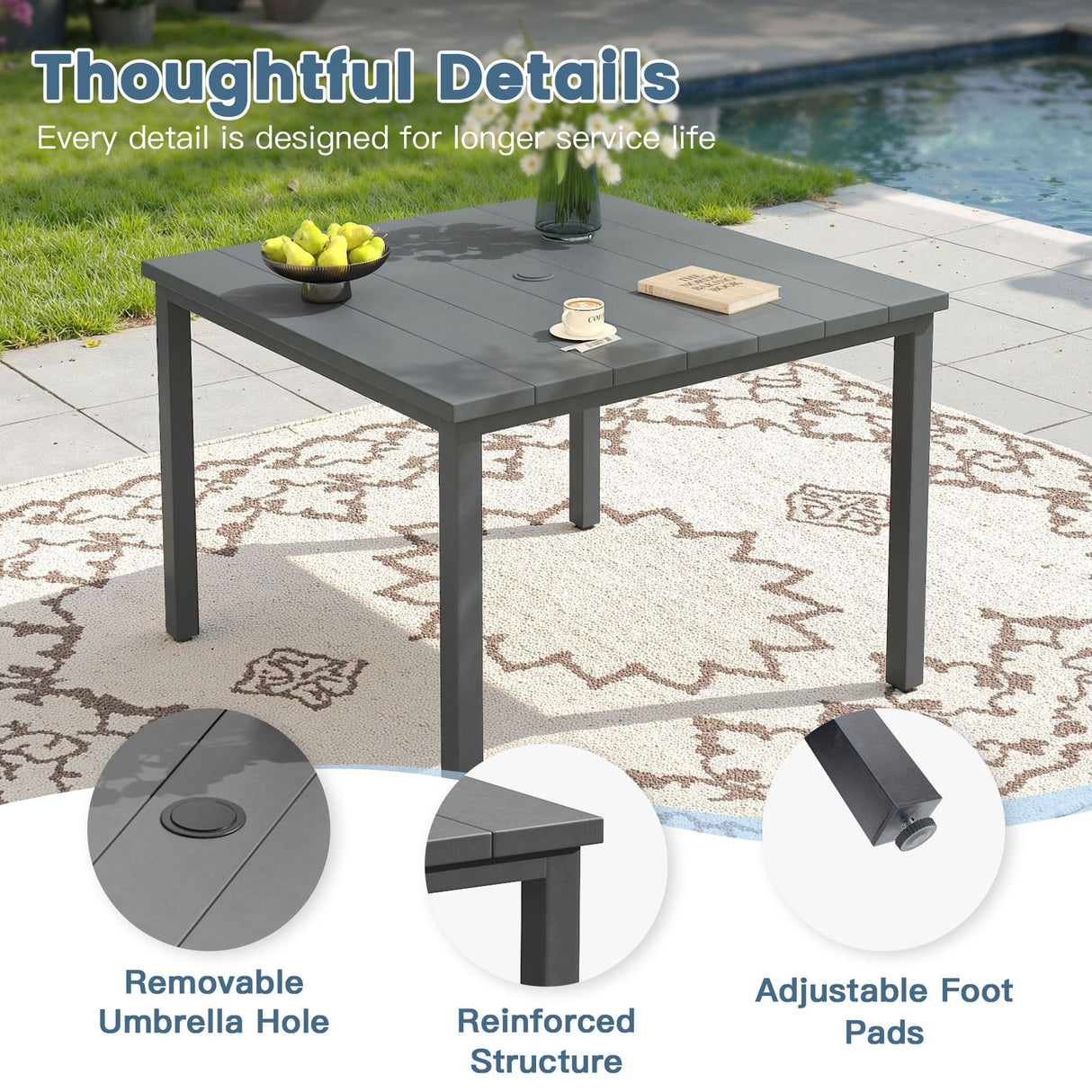 Vicllax 5pcs Outdoor Dining Set, Square Metal Table and 4 Textilene Swivel Chairs