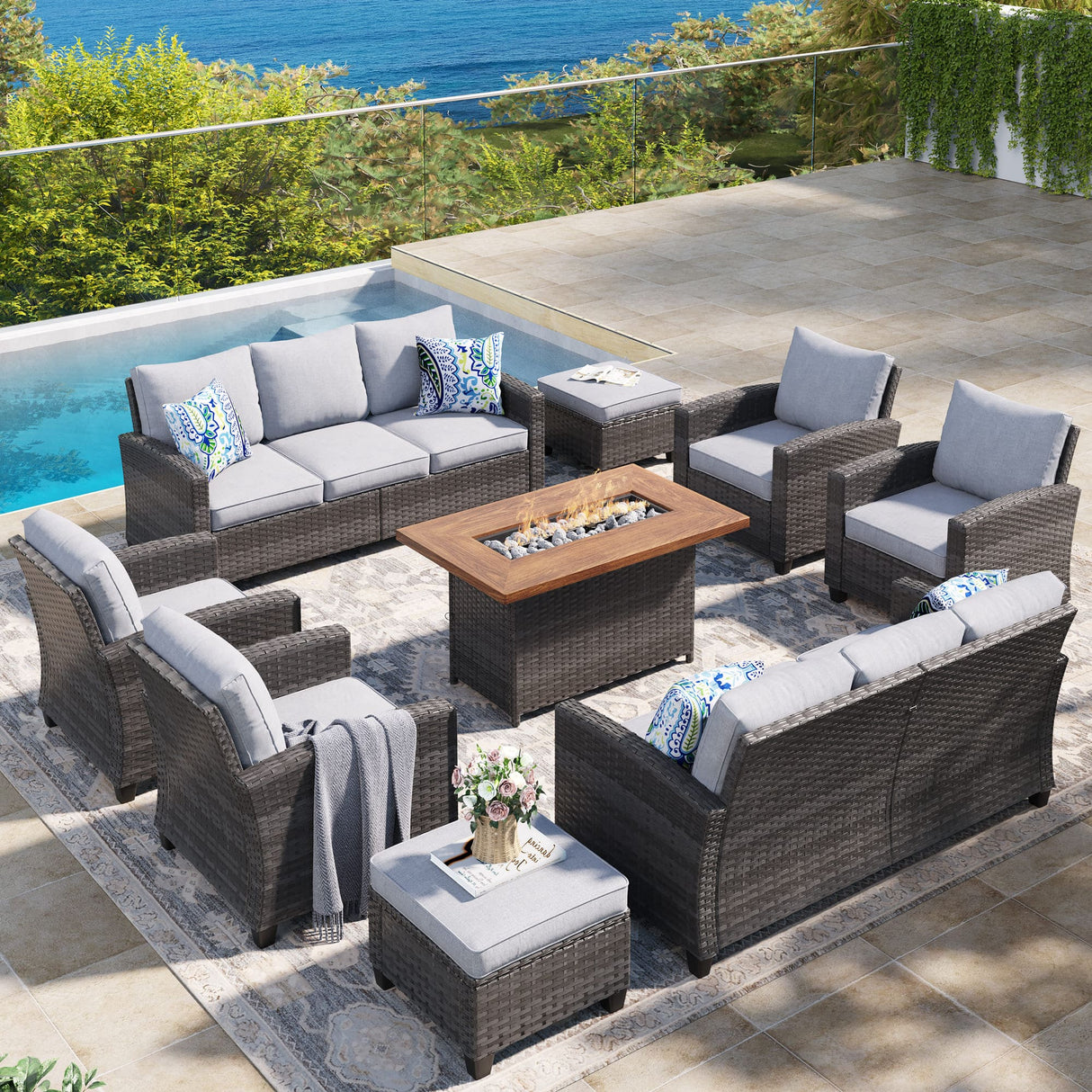 Vicllax Versatile Wicker Patio Set: 9 Pieces with Fire Table & Ottoman